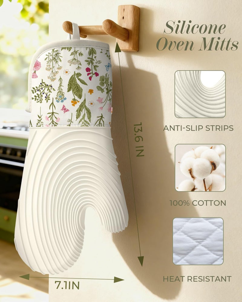 Slohif Long Silicone Oven Mitts Heat Resistant for Women - 2 Pcs Beige Floral 100% Cotton Oven Gloves, Non-Slip and Waterproof Silicone Oven Mitts with Hanger for Baking and Cooking - Image 2