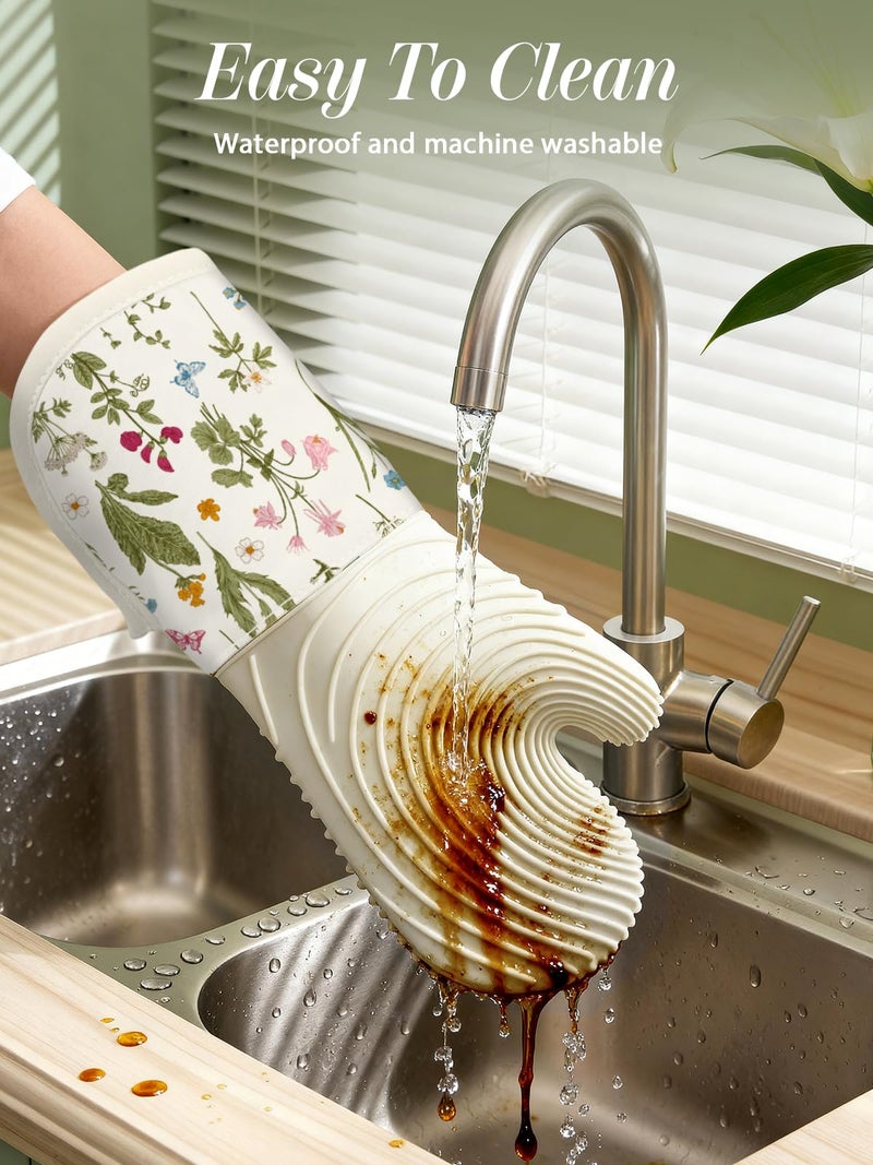 Slohif Long Silicone Oven Mitts Heat Resistant for Women - 2 Pcs Beige Floral 100% Cotton Oven Gloves, Non-Slip and Waterproof Silicone Oven Mitts with Hanger for Baking and Cooking - Image 4