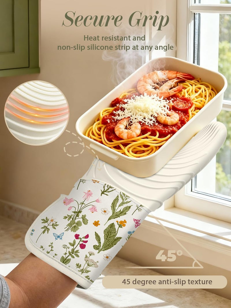 Slohif Long Silicone Oven Mitts Heat Resistant for Women - 2 Pcs Beige Floral 100% Cotton Oven Gloves, Non-Slip and Waterproof Silicone Oven Mitts with Hanger for Baking and Cooking - Image 3