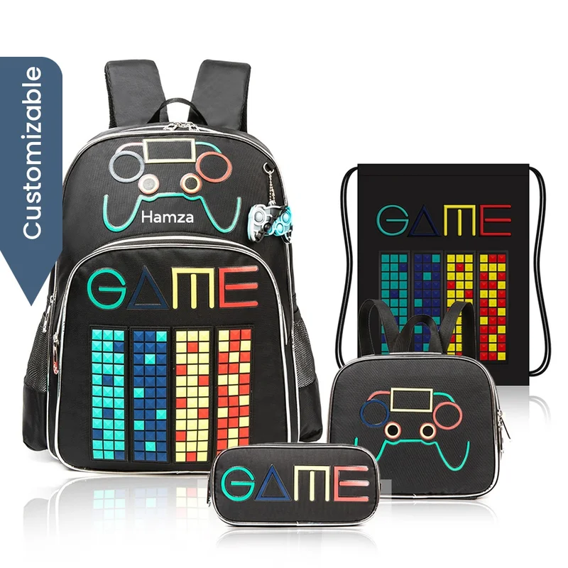 Eazy Kids Eazy Kids - Personalized 17Inch Set of 4 School Bag with Lunch Bag, Activity Bag and Pencil Case Gen Z Gamer - Black