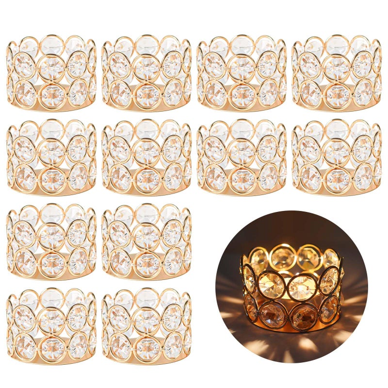 kolnlala 12 Pack Gold Metal Crystal Tea Light Candle Holders - 2.4"x1.6" Bulk Small Votive Candle Holders for Wedding, Home, Party Table Centerpiece Decorations - Image 1