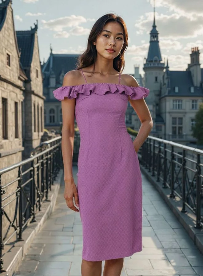 Freehand Women Regular Fit Textured Tie-up Neck Sleeveless Ruffle Dress