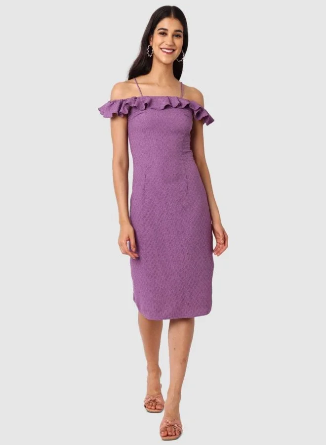 Freehand Women Regular Fit Textured Tie-up Neck Sleeveless Ruffle Dress