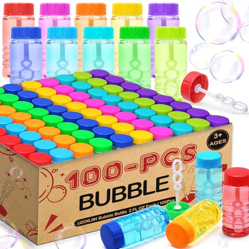 Uzoxlsn 100 Pack 10 Neon Colors Bubble Bottles with Wand Attached to the Cap Summer Bubble Solution Bulk Toy Birthday Decor Gift Box Party Favor Supplies for Kid Carnival Goody Bag Stuffer Pinata Filler - Image 1