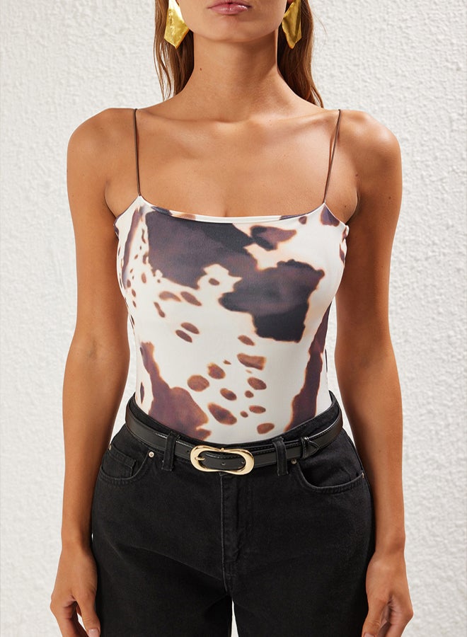 trendyol Brown Animal Patterned Spaghetti Elastic Strappy Knitted Bodysuit with Snaps at the Bottom  - Image 3