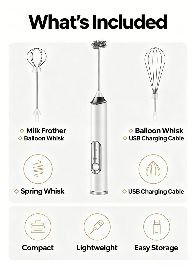 USB Rechargeable Electric Milk Frother, 3 Speed Handheld Milk Foamer with 2 Replaceable Whisk Heads, Type-C Charging for Coffee, Latte, Cappuccino, Matcha & Egg Mixing - Image 3
