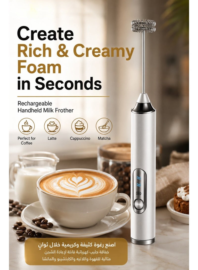USB Rechargeable Electric Milk Frother, 3 Speed Handheld Milk Foamer with 2 Replaceable Whisk Heads, Type-C Charging for Coffee, Latte, Cappuccino, Matcha & Egg Mixing - Image 2