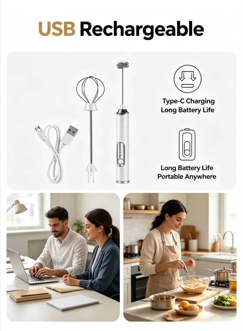USB Rechargeable Electric Milk Frother, 3 Speed Handheld Milk Foamer with 2 Replaceable Whisk Heads, Type-C Charging for Coffee, Latte, Cappuccino, Matcha & Egg Mixing - Image 5