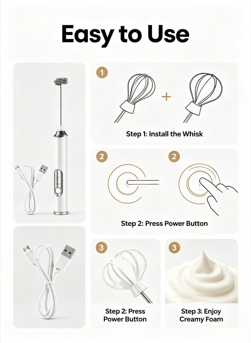 USB Rechargeable Electric Milk Frother, 3 Speed Handheld Milk Foamer with 2 Replaceable Whisk Heads, Type-C Charging for Coffee, Latte, Cappuccino, Matcha & Egg Mixing - Image 4