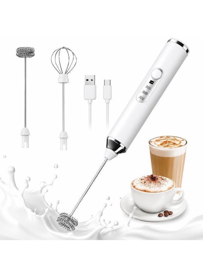 USB Rechargeable Electric Milk Frother, 3 Speed Handheld Milk Foamer with 2 Replaceable Whisk Heads, Type-C Charging for Coffee, Latte, Cappuccino, Matcha & Egg Mixing - Image 1