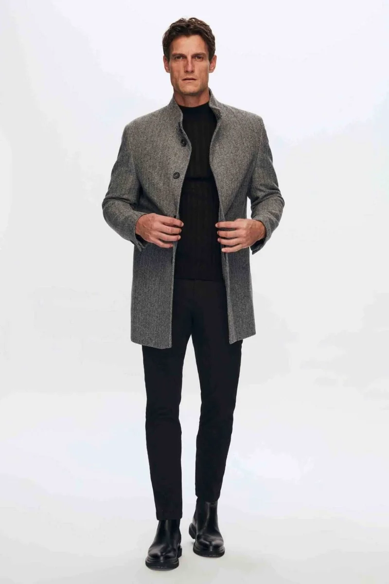 D'S DAMAT Regular Fit Grey Herringbone Coat 1HF08ORT10003
