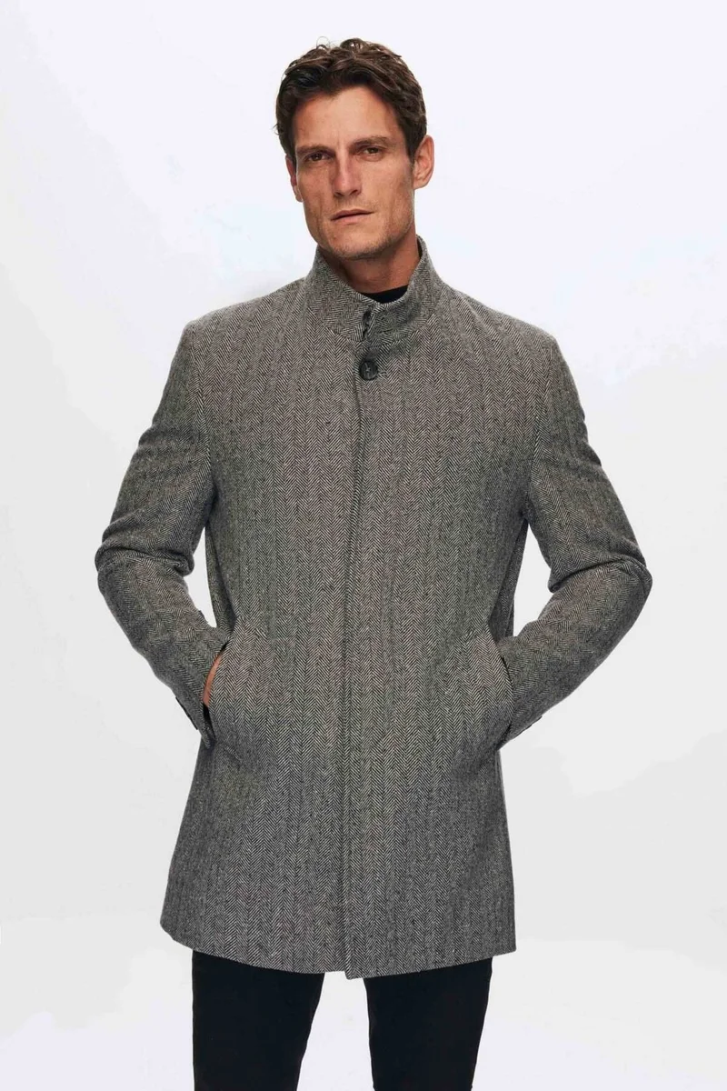 D'S DAMAT Regular Fit Grey Herringbone Coat 1HF08ORT10003