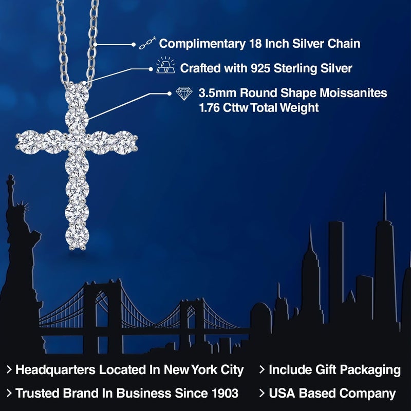 Gem Stone King Moissanite Cross Necklace | 925 Sterling Silver | 1.76 Cttw | 1 Inch | Jesus Christian Religious Crucifix Jewelry Pendant Necklace for Women | with 18 Inch Silver Chain - Image 2