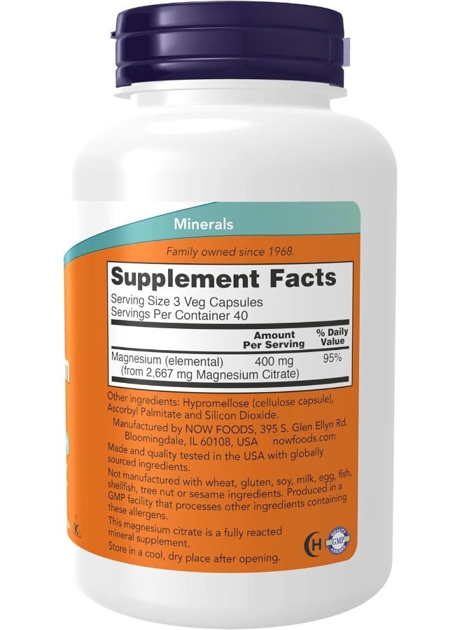 NOW Foods Magnesium Citrate Capsules, 400 Mg, 120-Count - Image 2