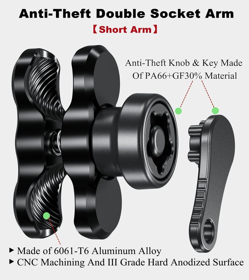BRCOVAN Anti-Theft Aluminum Alloy Double Socket Arm Compatible with RAM Mounts B Size 1'' Ball Mounting Base & Bike Motorcycle Phone Holder (Short Arm) - Image 2
