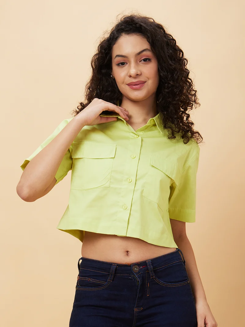 globus Women Spread Collar Pure Cotton Crop Shirt