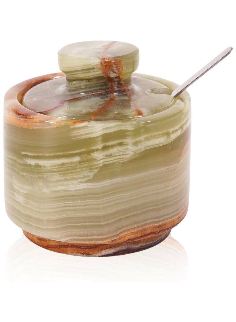 MARBLOUS KRAFTS قبو ملح رخامي مع غطاء وملعقة، حاويات ملح رقائقية من العقيق الأخضر مقاس 3 بوصات، مناسبة لسطح العمل ووعاء السكر الرخامي ووعاء الملح  - Image 1