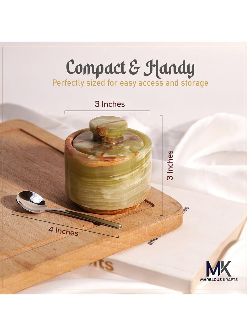 MARBLOUS KRAFTS قبو ملح رخامي مع غطاء وملعقة، حاويات ملح رقائقية من العقيق الأخضر مقاس 3 بوصات، مناسبة لسطح العمل ووعاء السكر الرخامي ووعاء الملح  - Image 2