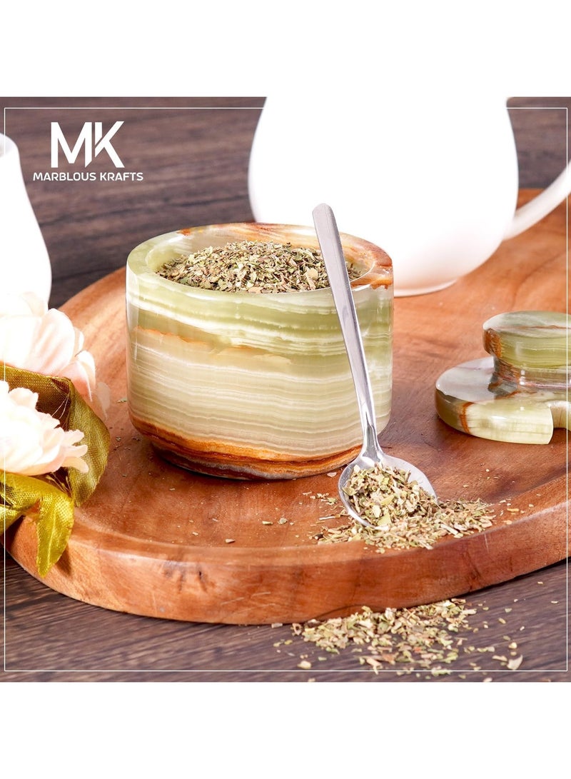 MARBLOUS KRAFTS قبو ملح رخامي مع غطاء وملعقة، حاويات ملح رقائقية من العقيق الأخضر مقاس 3 بوصات، مناسبة لسطح العمل ووعاء السكر الرخامي ووعاء الملح  - Image 3