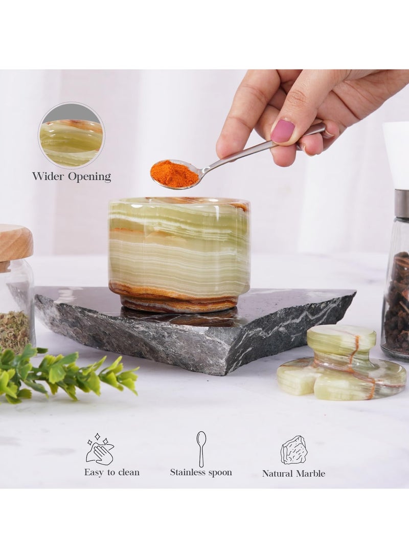MARBLOUS KRAFTS قبو ملح رخامي مع غطاء وملعقة، حاويات ملح رقائقية من العقيق الأخضر مقاس 3 بوصات، مناسبة لسطح العمل ووعاء السكر الرخامي ووعاء الملح  - Image 4