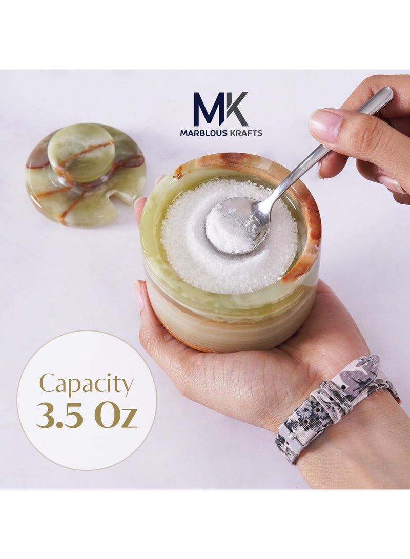 MARBLOUS KRAFTS قبو ملح رخامي مع غطاء وملعقة، حاويات ملح رقائقية من العقيق الأخضر مقاس 3 بوصات، مناسبة لسطح العمل ووعاء السكر الرخامي ووعاء الملح  - Image 5