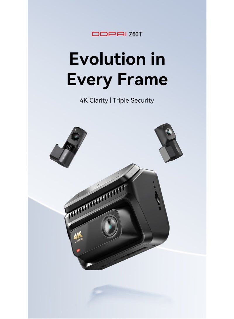DDPAI Z60T 3-Channel Dash Cam 4K + 2K + 1080P | Built-in eMMC Storage | 4G LTE & 5GHz WiFi 6 | AI NightVIS 2.0 | ADAS 2.0 | GPS Tracking | IR Cabin Camera | 24/7 Parking Mode | Supercapacitor - Image 1