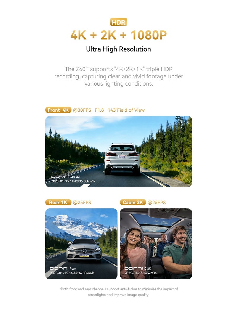 DDPAI Z60T 3-Channel Dash Cam 4K + 2K + 1080P | Built-in eMMC Storage | 4G LTE & 5GHz WiFi 6 | AI NightVIS 2.0 | ADAS 2.0 | GPS Tracking | IR Cabin Camera | 24/7 Parking Mode | Supercapacitor - Image 3