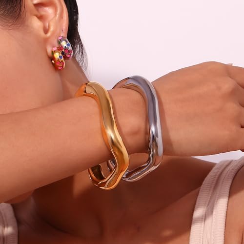 Aaishwarya Set of 2 Shiny Bold Chunky Gold & Silver Plated Anti-Tarnish Wavy Open Cuff Bangle Bracelet for Women & Girls | Adjustable Statement Wristwear | Fashion Gift Jewelry - Image 5