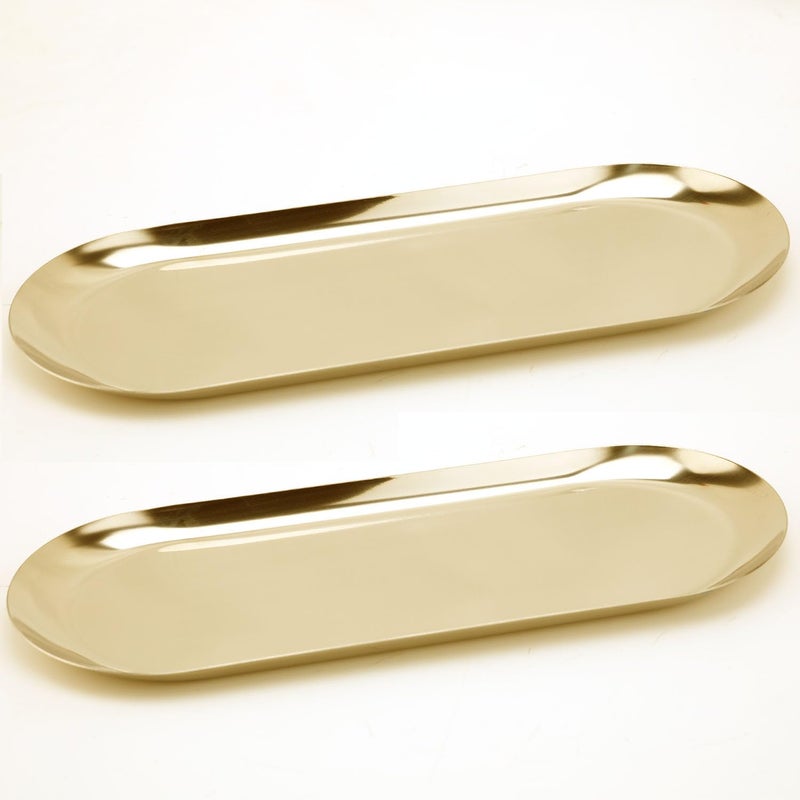 Fermus Stainless Steel Decorative Tray Set of 2 12 Inch Long Jewelry Dish Cosmetics Organizer Bathroom Clutter Serving Platter Small Storage Tray Oval Gold