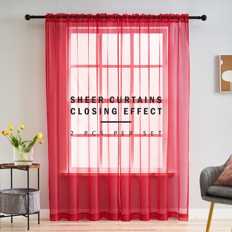 Luvyohmee Christmas Red Sheer Voile Curtains 45 Inch Length for Bedroom Living Room 2 Panels Set Rod Pocket Light Filtering Textured Transparent Sheer Window Treatment Drapes 52x45 Inches Long Xmas - Image 2