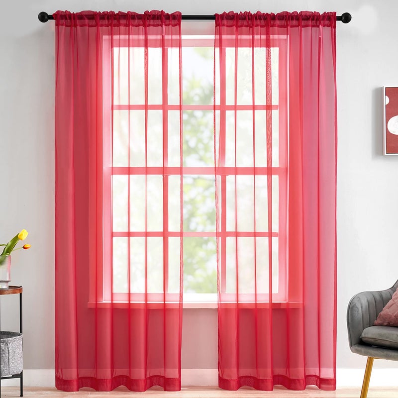 Luvyohmee Christmas Red Sheer Voile Curtains 45 Inch Length for Bedroom Living Room 2 Panels Set Rod Pocket Light Filtering Textured Transparent Sheer Window Treatment Drapes 52x45 Inches Long Xmas - Image 1