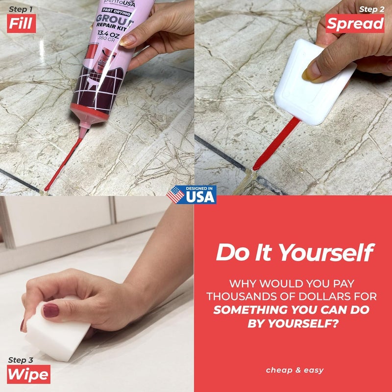 PENTAUSA Tile Grout - Large Grout Filler Repairs Renews Tube, Fast Drying Grout Repair Kit, Odorless Formula - Grout Floater Included - 13.4oz / 380gr (Red) - Image 2