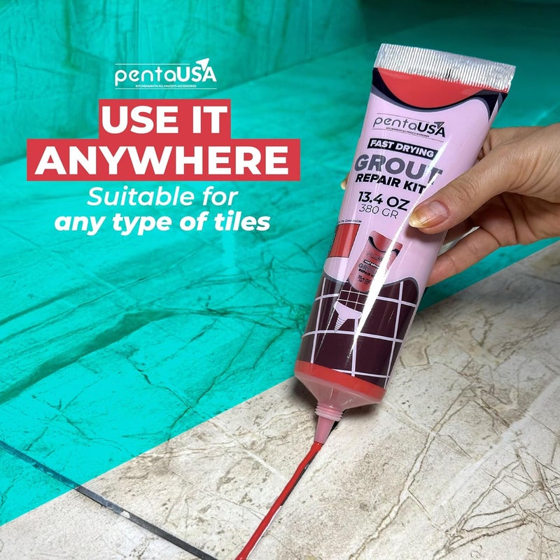 PENTAUSA Tile Grout - Large Grout Filler Repairs Renews Tube, Fast Drying Grout Repair Kit, Odorless Formula - Grout Floater Included - 13.4oz / 380gr (Red) - Image 4