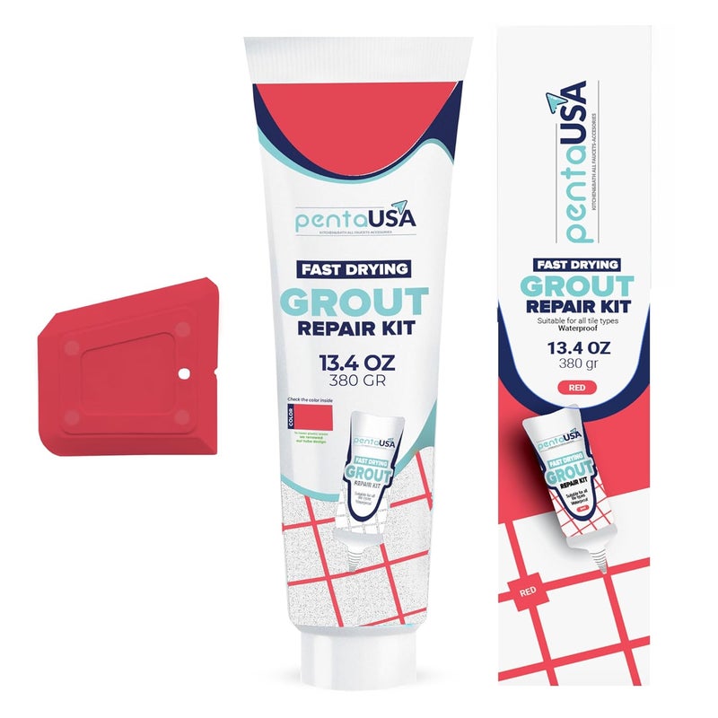 PENTAUSA Tile Grout - Large Grout Filler Repairs Renews Tube, Fast Drying Grout Repair Kit, Odorless Formula - Grout Floater Included - 13.4oz / 380gr (Red) - Image 1