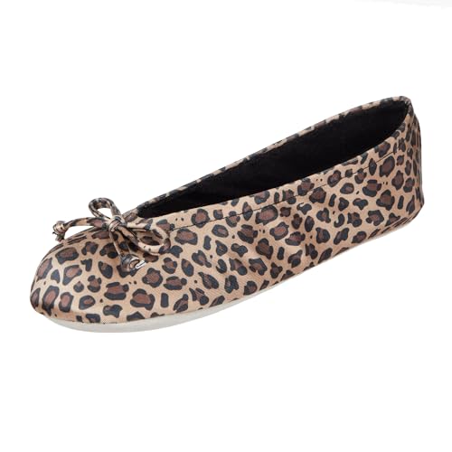 isotoner Women's Satin Ballerina Slippers with Soft Tie Bow and Suede Sole Flat Sandals, Cheetah, 5-6 - Image 1
