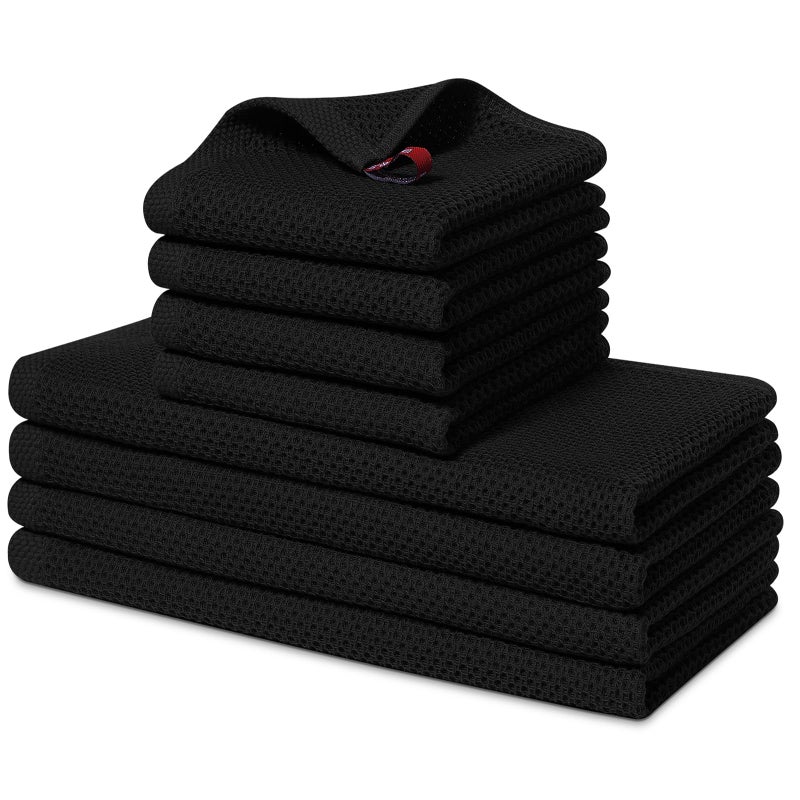 Homaxy 100 Cotton Kitchen Towels and Dishcloths Set 12 x 12 Inches and 13 x 28 Inches Set of 8 Bulk Kitchen Towels Set Ultra Soft Absorbent Dish Cloths for Washing Dishes Black