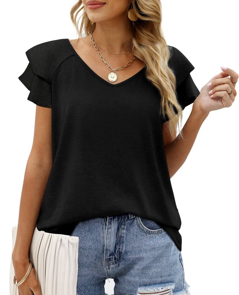 OFEEFAN Summer Tops for Women Black V Neck Short Sleeve Ruffle T-Shirts Loose Fit Plus Size XXL - Image 1