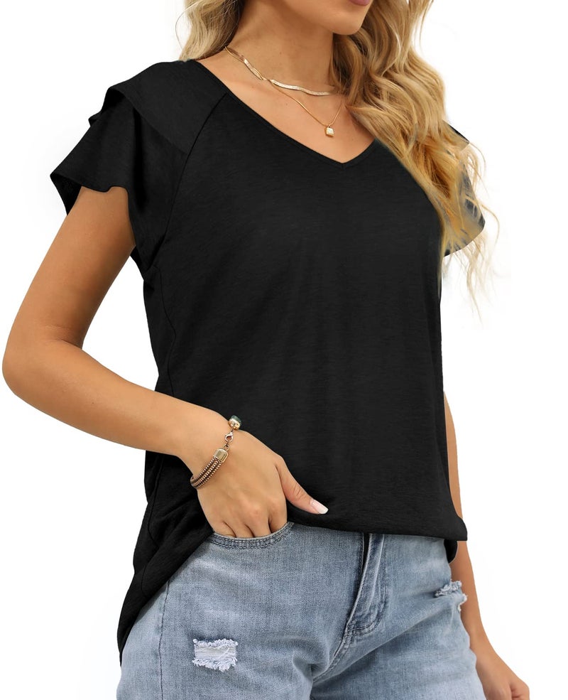 OFEEFAN Summer Tops for Women Black V Neck Short Sleeve Ruffle T-Shirts Loose Fit Plus Size XXL - Image 5