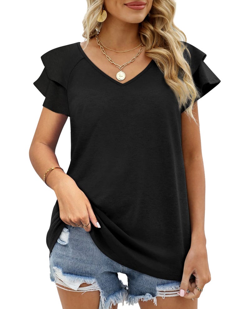 OFEEFAN Summer Tops for Women Black V Neck Short Sleeve Ruffle T-Shirts Loose Fit Plus Size XXL - Image 3