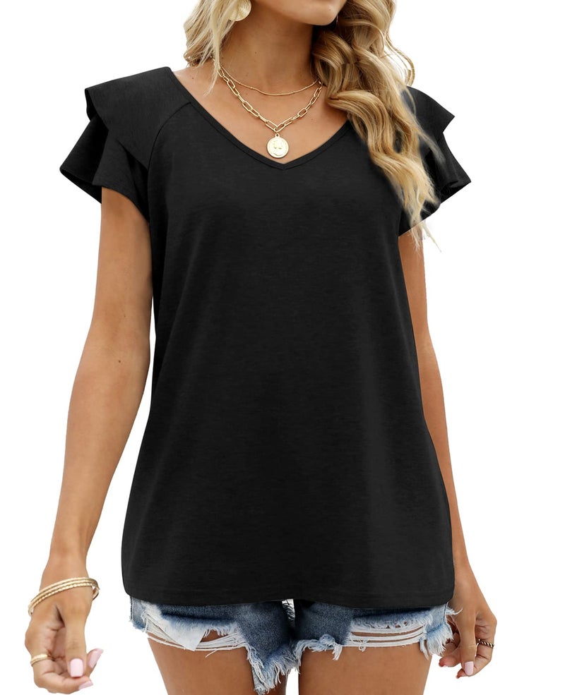 OFEEFAN Summer Tops for Women Black V Neck Short Sleeve Ruffle T-Shirts Loose Fit Plus Size XXL - Image 4