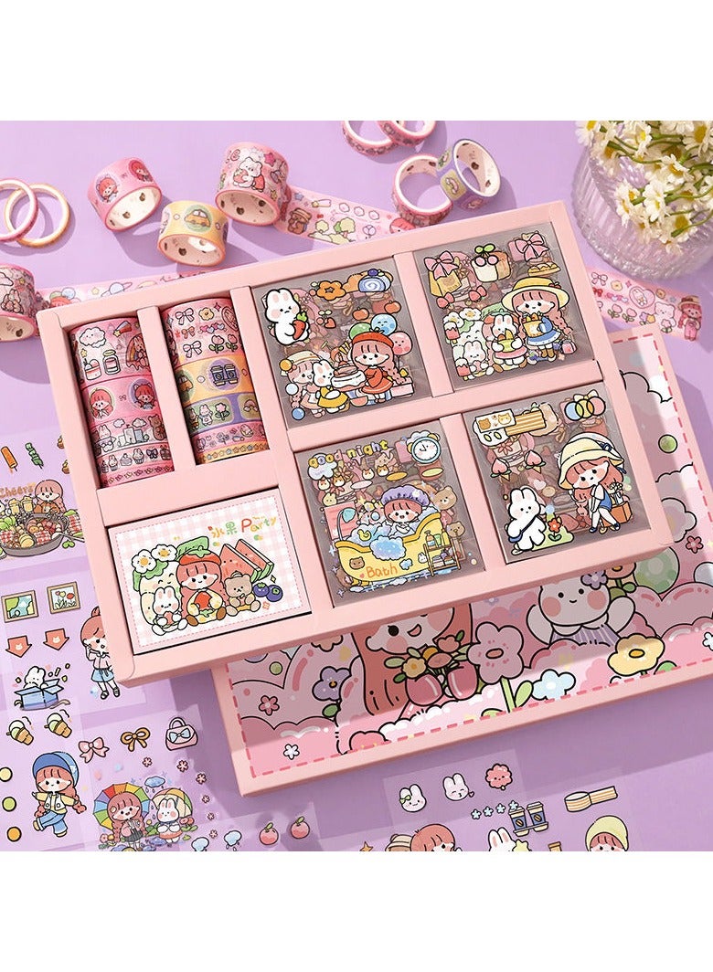 100 Cute Cartoon PET Waterproof Stickers 10 Rolls of Tape 75 Sheets Sticky Notes Gift Set - Features non-repeating cartoon and animal designs, great for scrapbooking, DIY crafts and decorating projects; great for notebooks, planners - Image 1