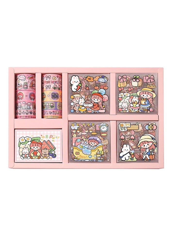 100 Cute Cartoon PET Waterproof Stickers 10 Rolls of Tape 75 Sheets Sticky Notes Gift Set - Features non-repeating cartoon and animal designs, great for scrapbooking, DIY crafts and decorating projects; great for notebooks, planners - Image 2