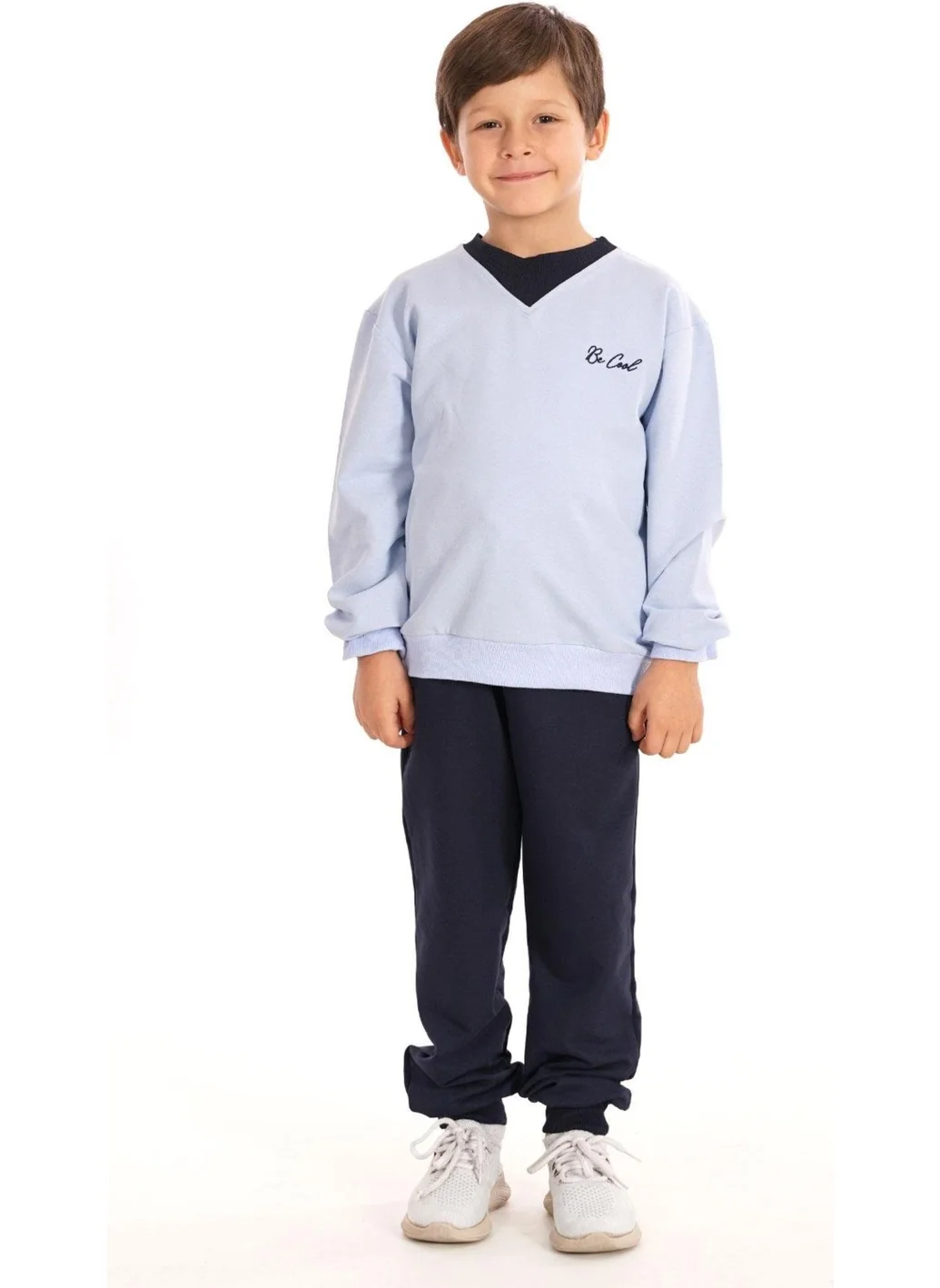 Zepkids Crew Neck Long Sleeve Collar Color Detailed Elastic Waist Baby Blue Color Boy's Two Piece Suit