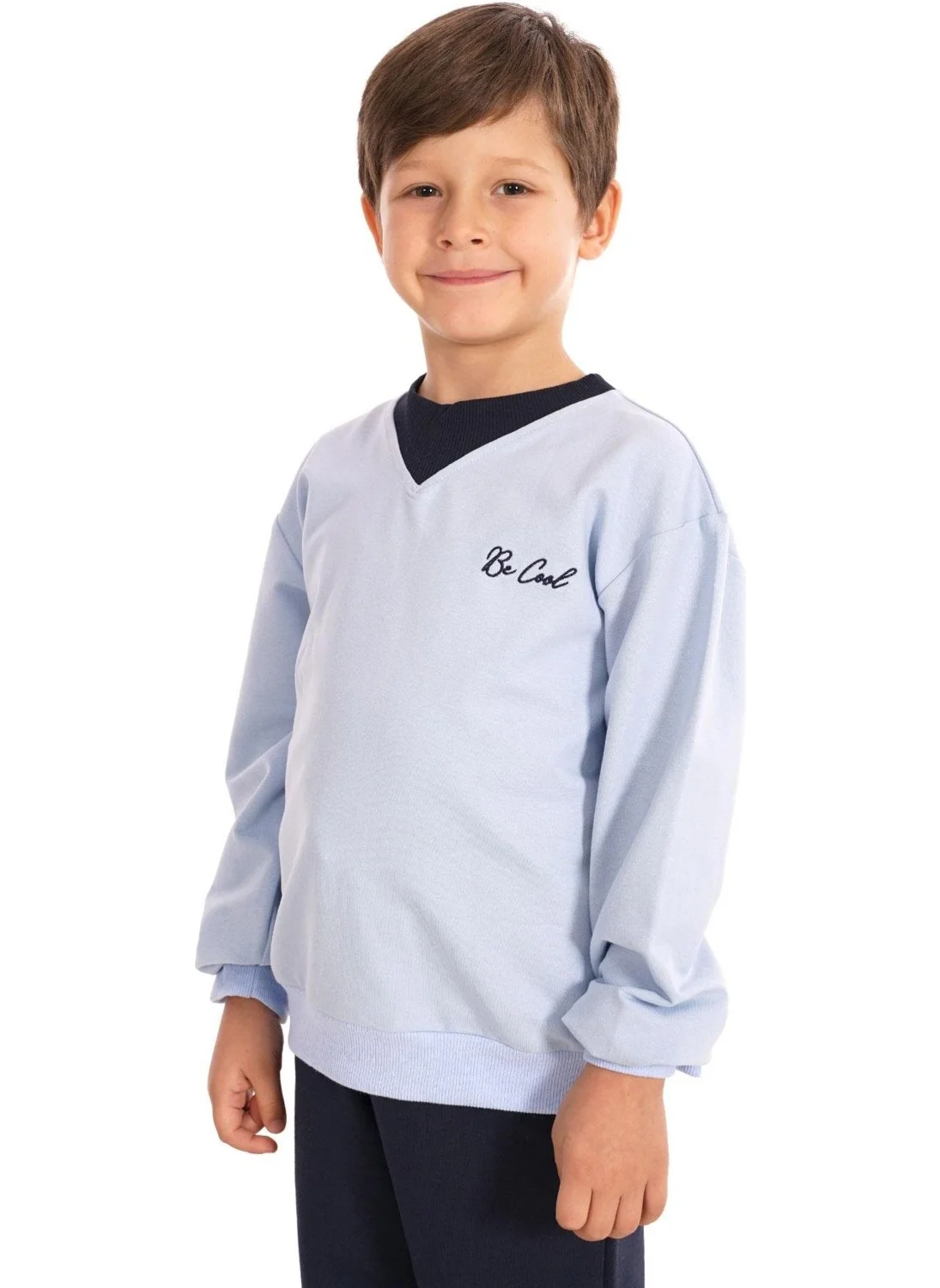 Zepkids Crew Neck Long Sleeve Collar Color Detailed Elastic Waist Baby Blue Color Boy's Two Piece Suit