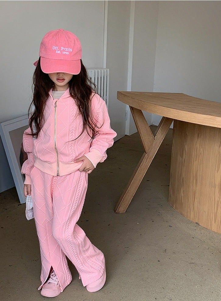 Loquat Girl's Solid Color knitted Long Sleeve Hooded Tops And Split Flared Pants Set Pink  - Image 1