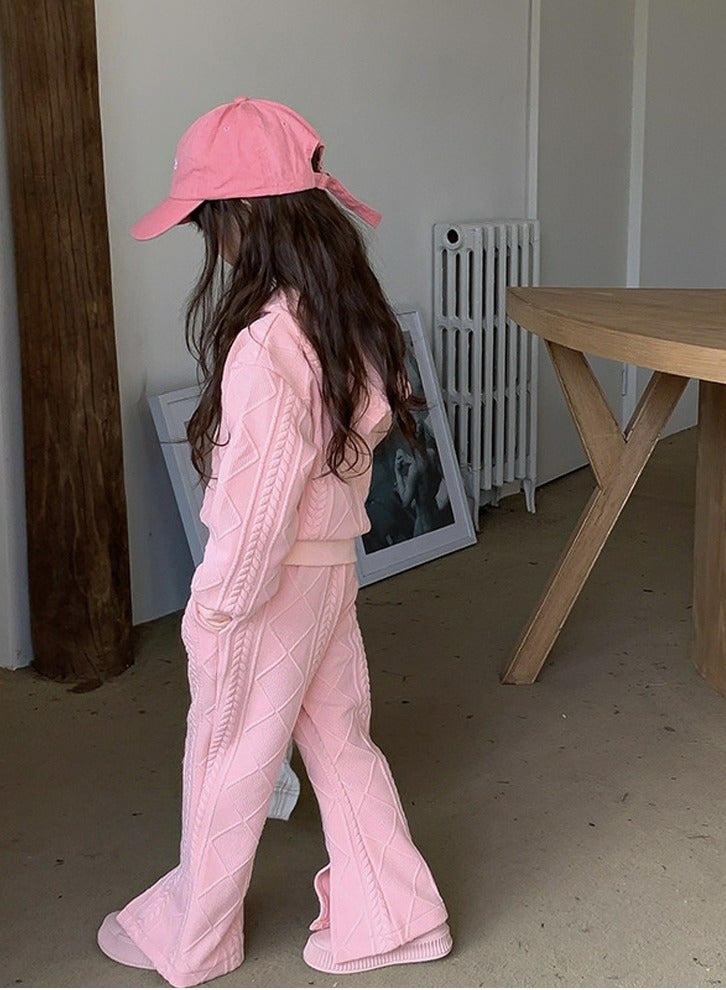 Loquat Girl's Solid Color knitted Long Sleeve Hooded Tops And Split Flared Pants Set Pink  - Image 2