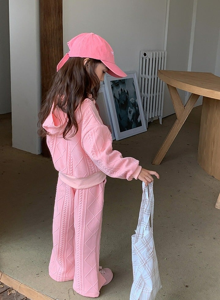 Loquat Girl's Solid Color knitted Long Sleeve Hooded Tops And Split Flared Pants Set Pink  - Image 3