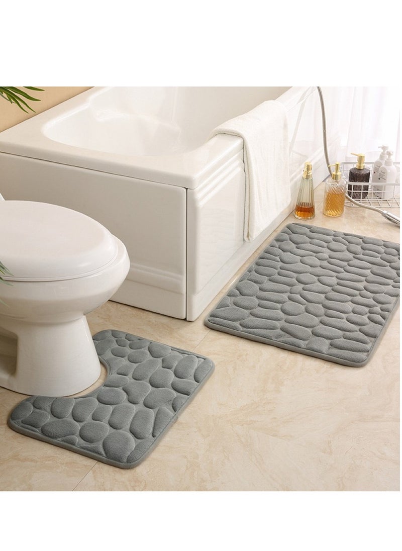 Kutis 2-Pieces European Simple Style Toilet Floor Mat Suit Bathroom Carpet Set Polyester Fiber Grey 80x50 cm And 50x40 cm  - Image 1