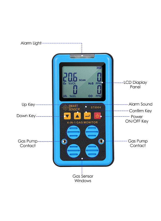 SMART SENSOR - 4 in 1 Gas Monitor Rechargeable Portable Gas Detector H₂S O₂ CO and LEL Multi Gas Monitor Professional Gas Sniffer with LCD Display Sound Vibration Flash Alarm Mode - Image 1