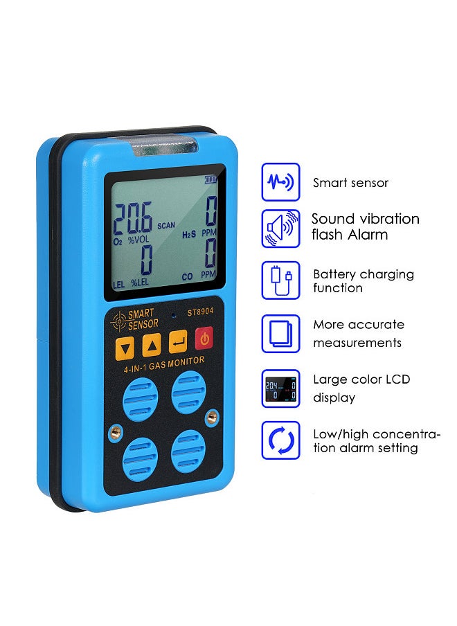 SMART SENSOR - 4 in 1 Gas Monitor Rechargeable Portable Gas Detector H₂S O₂ CO and LEL Multi Gas Monitor Professional Gas Sniffer with LCD Display Sound Vibration Flash Alarm Mode - Image 1